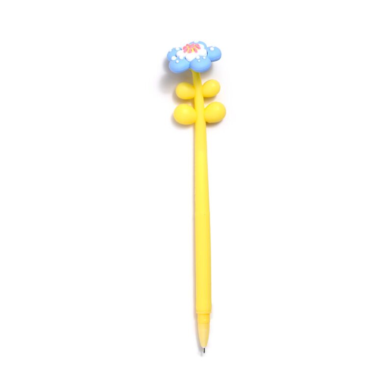 Yellow pen with a blue flower-shaped top.