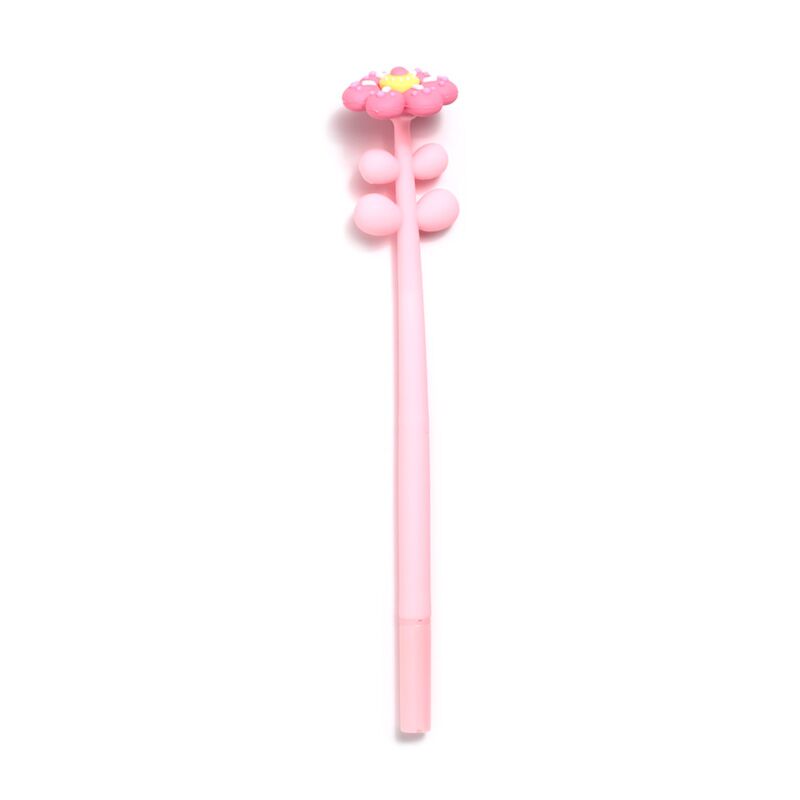 Pink pen with a pink flower design on top.