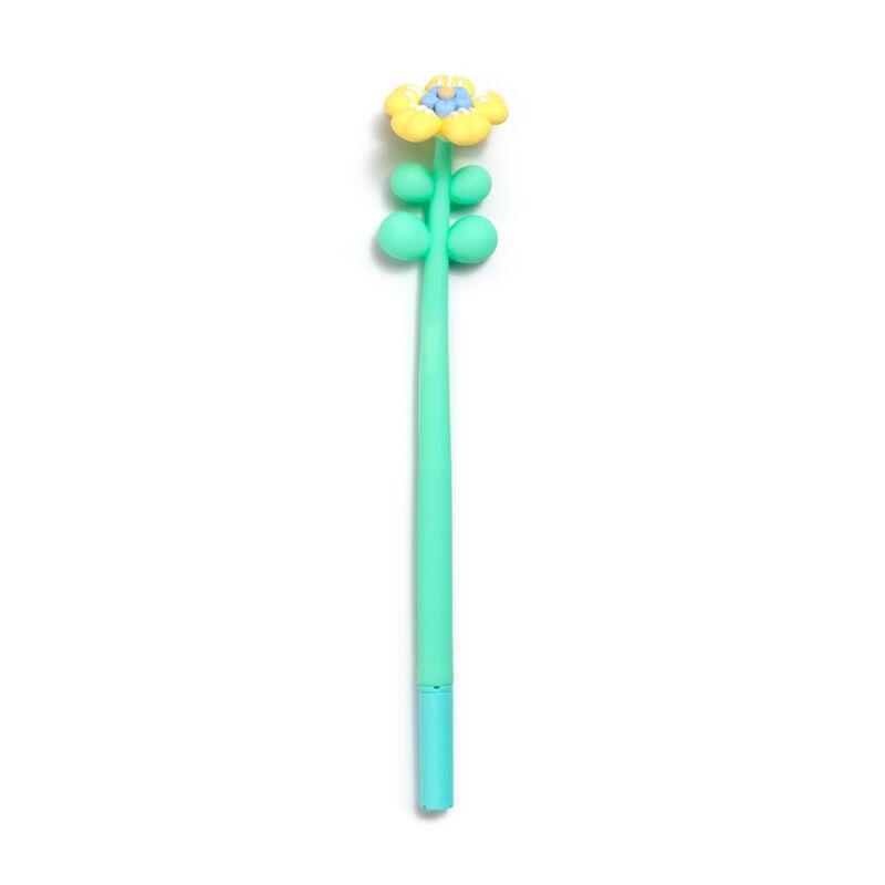 Mint green pen with a yellow flower design on top.
